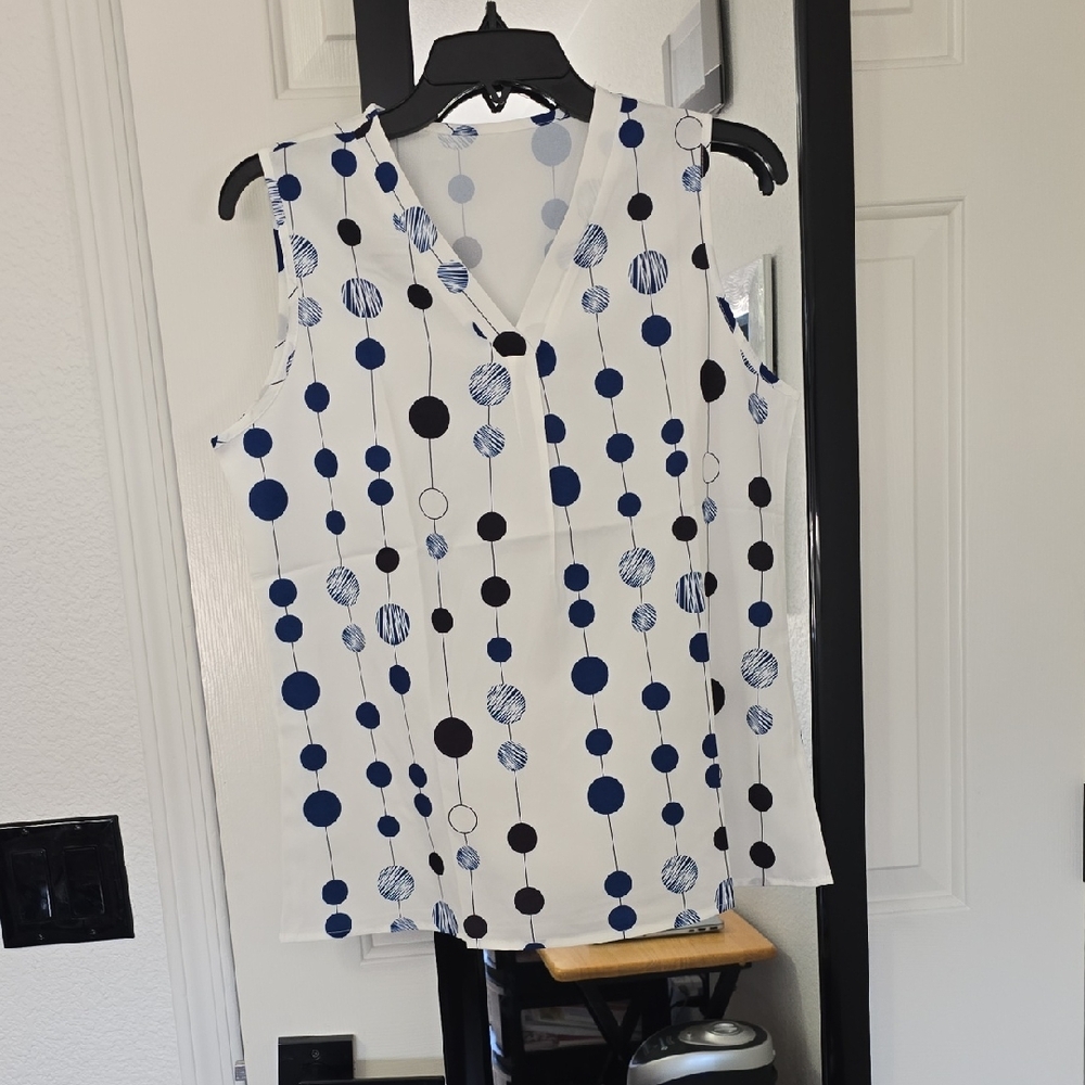 Sleeveless Polka Dot Women's Top - White and Blue Sz Med